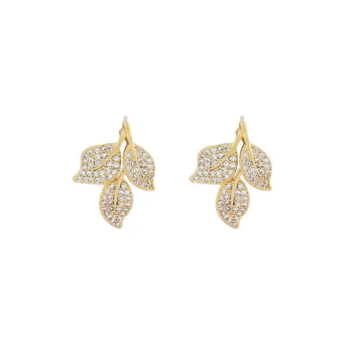Wholesale Micropaved Zirconia Gold-plated Copper Leaf Stud Earrings JDC-ES-QLX074