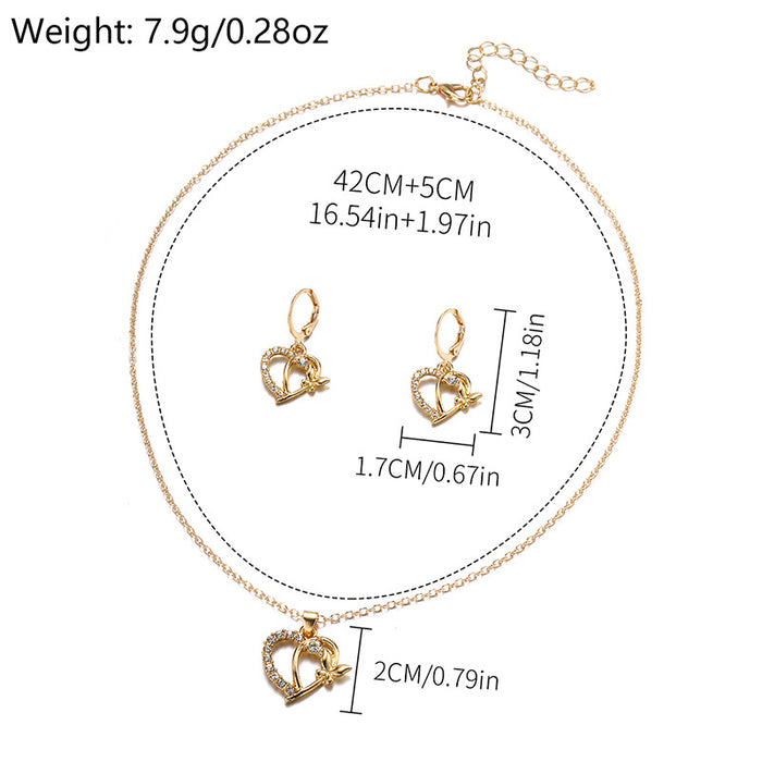 Wholesale New Jewelry Fashion Diamond Heart Earrings Versatile Alloy Butterfly Pendant Necklace Earring Set