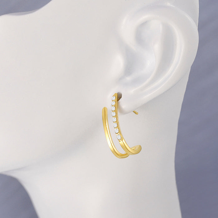 Wholesale Retro style hollow gold lines circular stainless steel earrings electroplated with diamond studded metal earrings