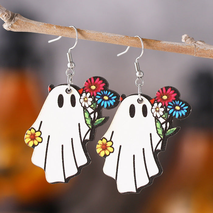 Wholesale  Gothic Style Cute Ghost Flower Book Pocket Ghost Pendant Wooden Double-Sided Earrings