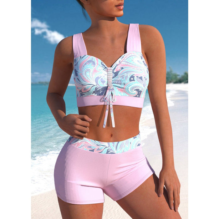 Wholesale Quick drying high waisted shorts gather sexy split bikini swimsuits in stock