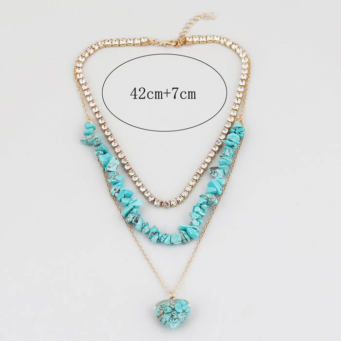 Wholesale alloy rhinestone multi-layer turquoise temperament necklace women