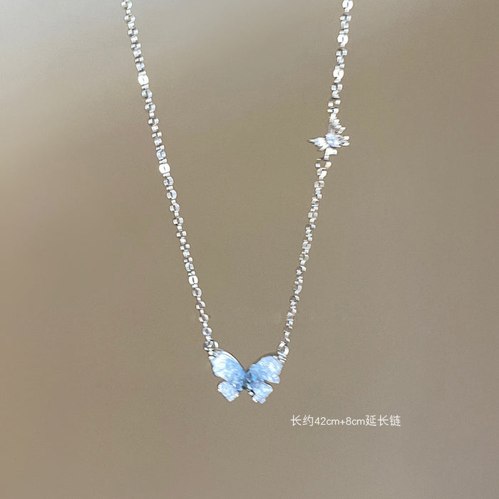 Wholesale Gradient ice crystal pearl butterfly tassel necklace collarbone chain neck chain accessory