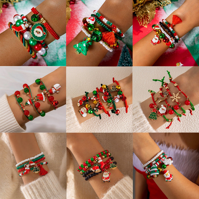 Wholesale Christmas Cute Bells Santa Reindeer Snowman Pendant Red Rope Bracelet Fashion Accessory Gift MOQ≥2