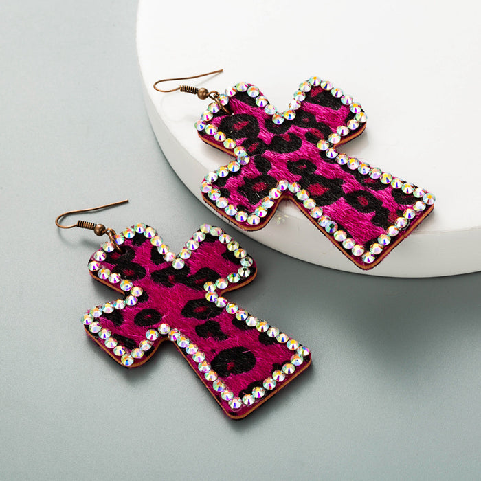 Wholesale Cross-print leather leopard print Statement Earrings