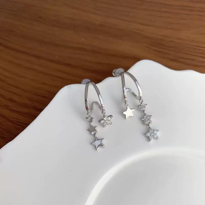 Wholesale Exquisite tassel studded diamond pentagram asymmetrical earrings, light luxury niche design, versatile earrings