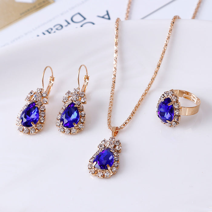 Wholesale water drops rhinestone necklace earrings ring set high-grade bridal jewelry
