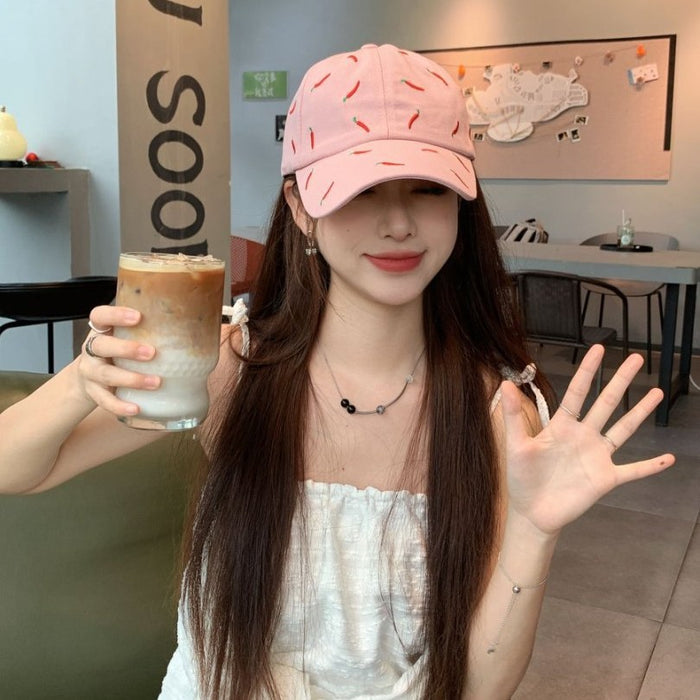 Wholesale Sweet girl style pink baseball cap with playful pepper pattern on the cap, fashionable and eye-catching, versatile style