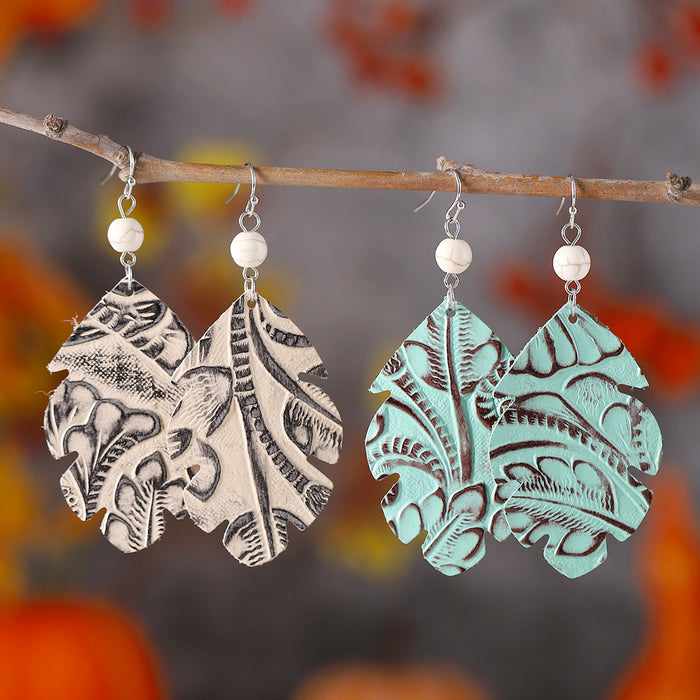 Wholesale Leather Bohemian Leaf Pattern Turquoise ing Earrings Boutique Resale Jewelry