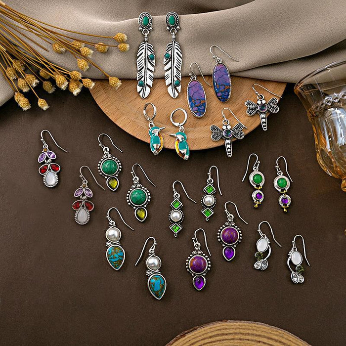 Wholesale Retro Feather Turquoise Earrings Dragonfly  Drop Round Earrings