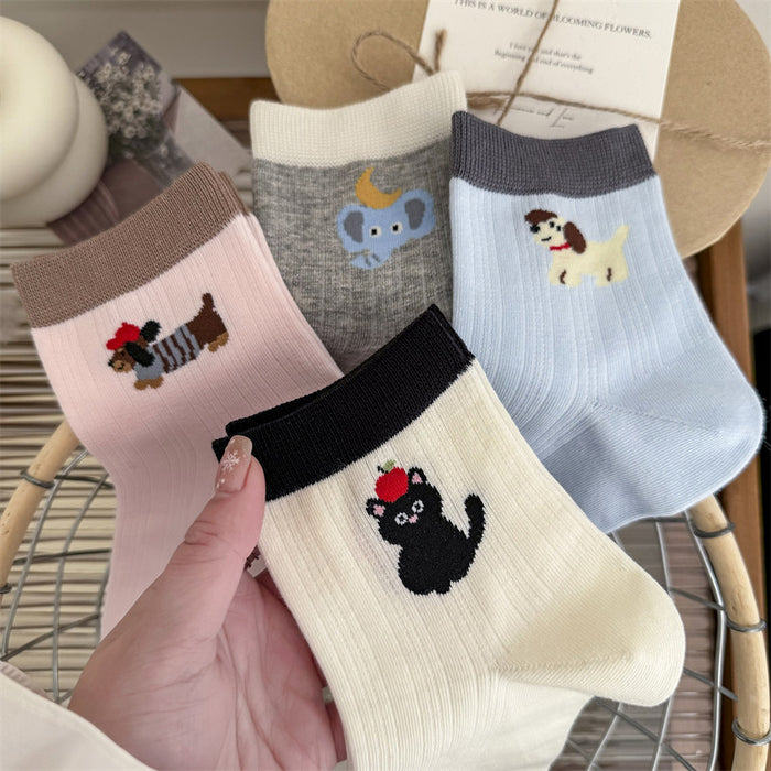 Wholesale Short tube cartoon socks, low cut cotton socks, mid tube socks, color blocked socks