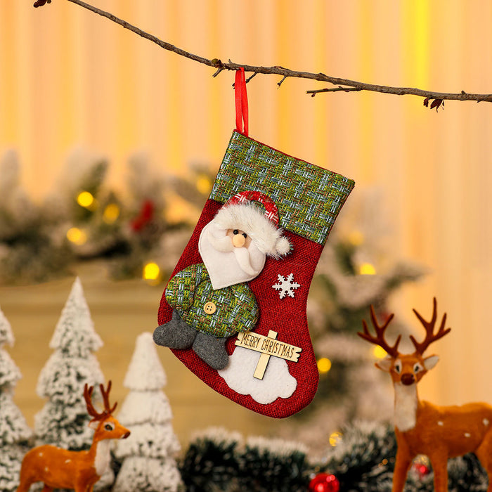 Wholesale Cross-Border New Small Linen Christmas Socks Wooden Sign Cartoon Christmas Socks Candy Bag Gift Bag Small Pendant