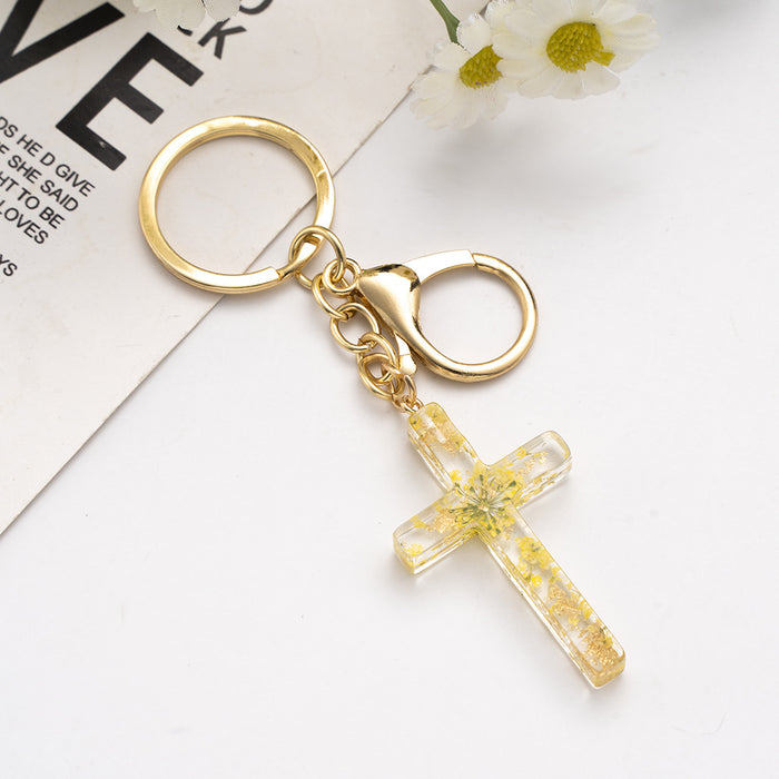 Wholesale Popular handmade drip glue real flower creative cross keychain creative hanging bag