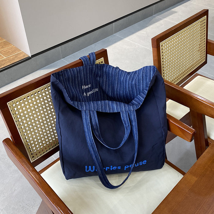 Wholesale Tote casual single shoulder large capacity bag with embroidered canvas denim bag on both sides