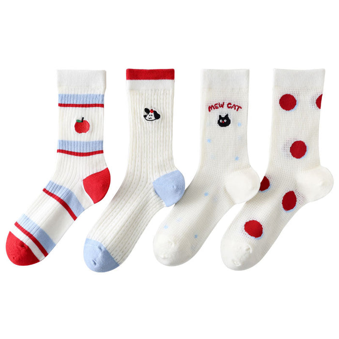 Wholesale New mesh breathable mid tube socks with cartoon embroidery