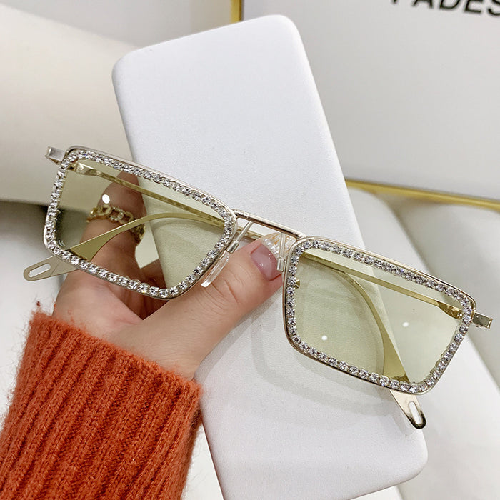 Wholesale New diamond studded small frame metal sunglasses, fashionable square frame sunglasses, high-end sunglasses