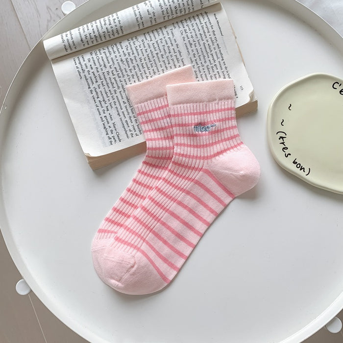 Wholesale Ultra transparent fine striped embroidered versatile mid length socks