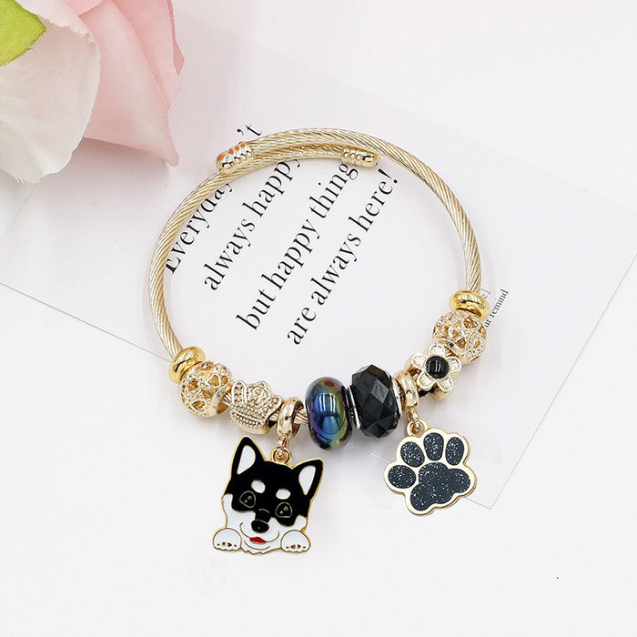 Wholesale Cartoon Corgi Dog Stainless Steel Bead Bracelet Cute Fashion Accessory Gift for Women