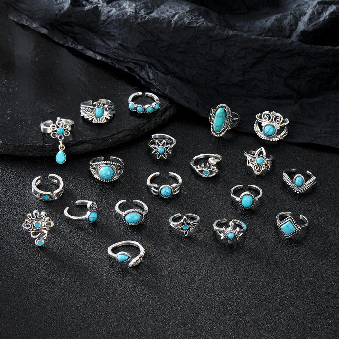 Wholesale Retro Bohemian Turquoise Opening 20-Piece Set Ring
