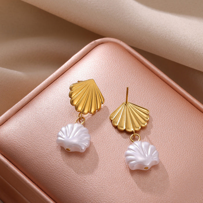 Wholesale Stainless Steel Ocean Series Shell Pearl Pendant Earrings Niche Jewelry