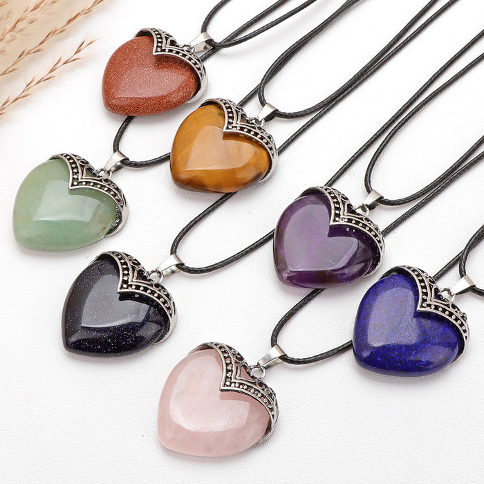 Wholesale Heart shaped pendant necklace with stone beads and tiger' s eye adjustable leather cord