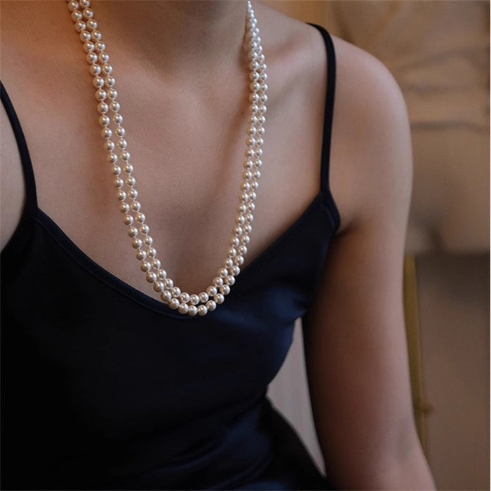 Wholesale Round and long pearl necklace, extra long, light luxury, niche new style, retro and high-end, double-layer and multi-layer layered wearing