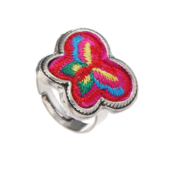 Wholesale Ethnic Style Handmade Miao Silver Embroidery Retro Alloy Ring JDC-RS-Luox001