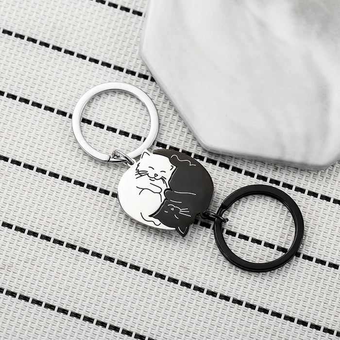 Wholesale Creative Black and White Cartoon Cat Stainless Steel Keychain JDC-KC-JunL002