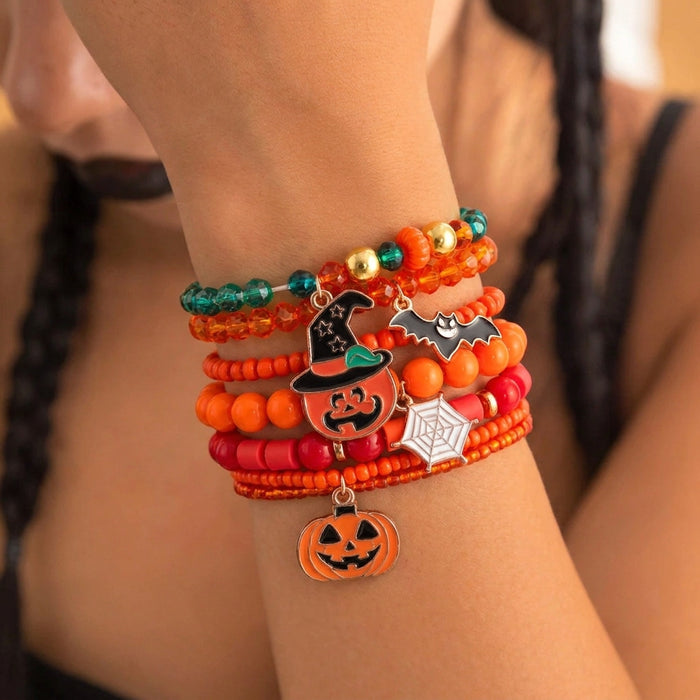 Wholesale Alloy Bracelet Set - 7pcs Funny Pumpkin Bat Beaded Bracelets