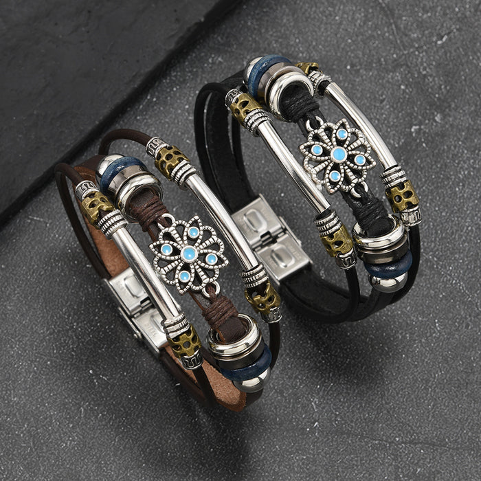 Wholesale Lace multi-layer leather stainless steel bracelet for couples