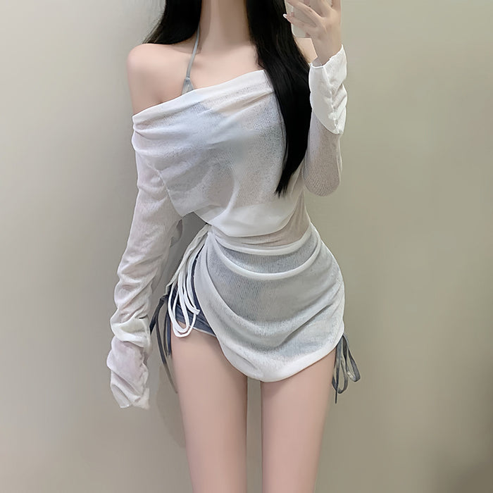 Wholesale Swimsuit vacation tie dye blue three-point sports split flat angle bikini top three piece set