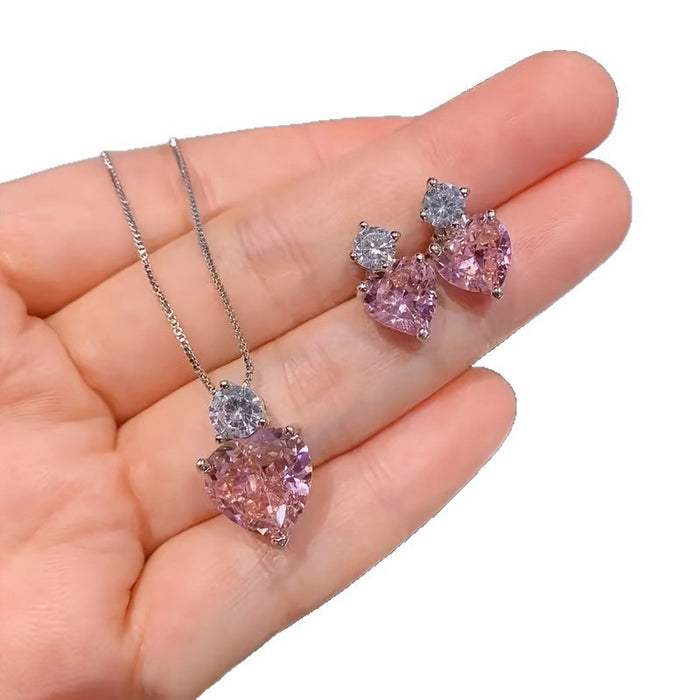 Wholesale Pink diamond heart-shaped necklace and earrings jewelry set