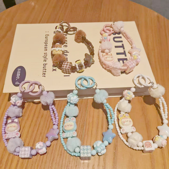 Wholesale Cartoon hot style plush beaded mobile phone chain keychain bag pendant