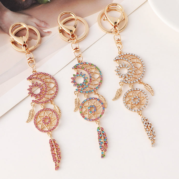 Wholesale Rhinestone Moon Dream Catcher Keychain Bag Charm Alloy Pink Car Accessory Gift MOQ≥2