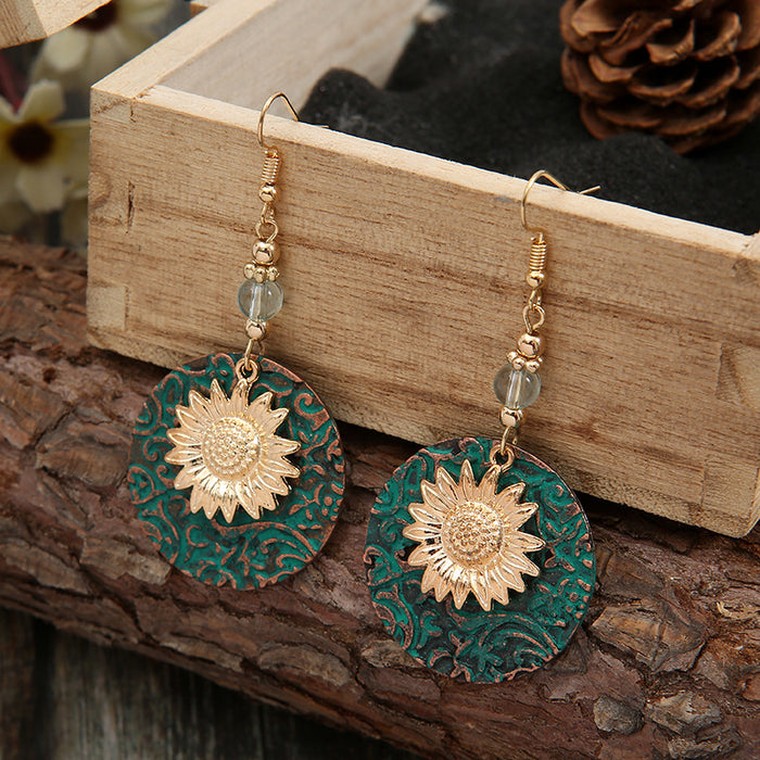 Wholesale New retro color separated double-layer sunflower pattern earrings, retro fashion earrings