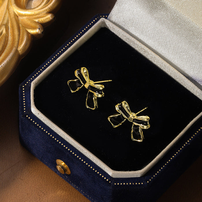 Wholesale S925 silver needle earrings, Korean style black bow new style