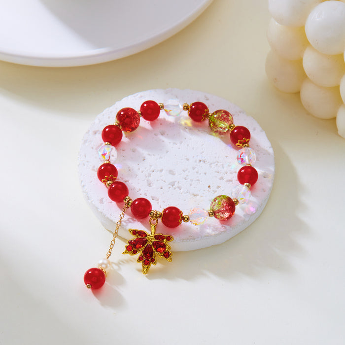 Wholesale  Leaves Beaded Crystal Bracelet Maple Niche Design All-match Red Bracelet
