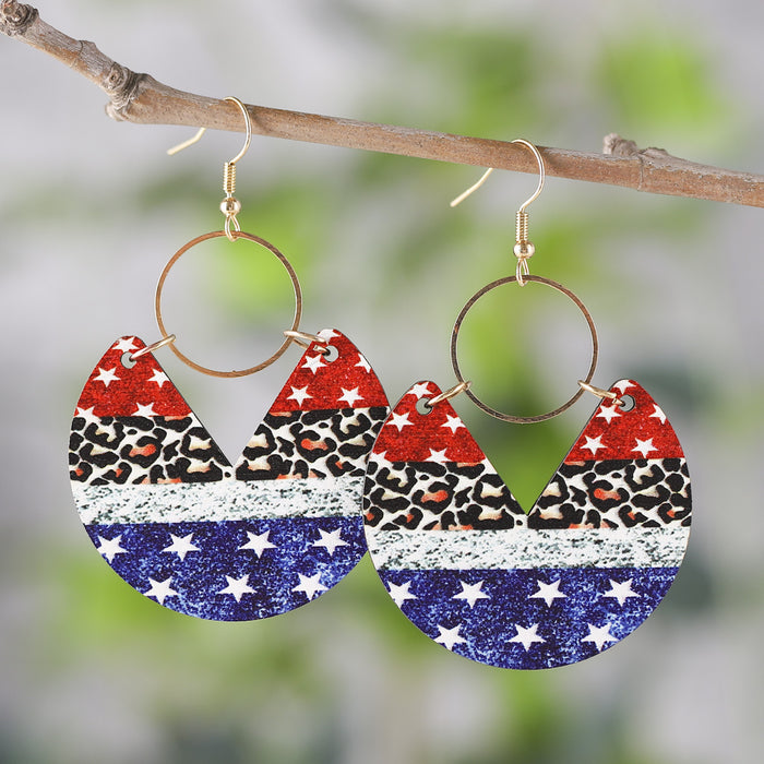 Wholesale Blue dyed printed earrings Bohemian earrings double-sided wooden geometric stripes splicing female earrings