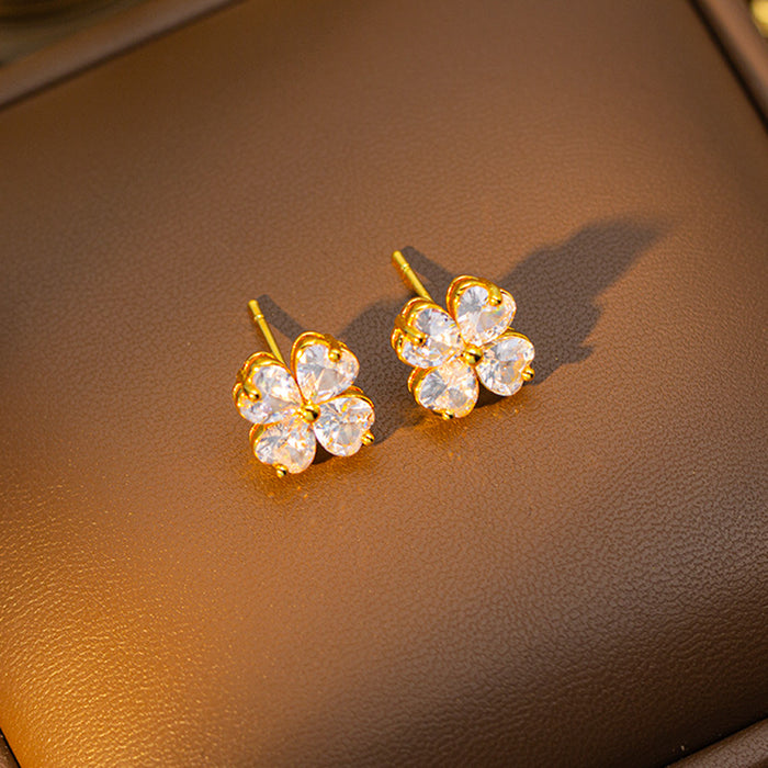 Wholesale Copper-set zircon four-leaf clover colored Titanium steel pendant necklace and earring set