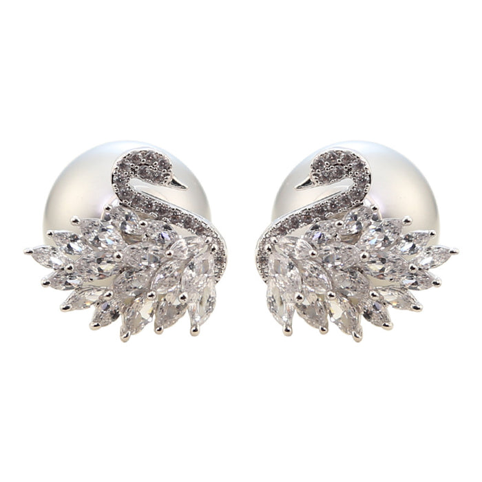 Wholesale Swan full diamond zircon pearl earrings, light luxury and high-end earrings, new silver needle fashionable and personalized earrings for women
