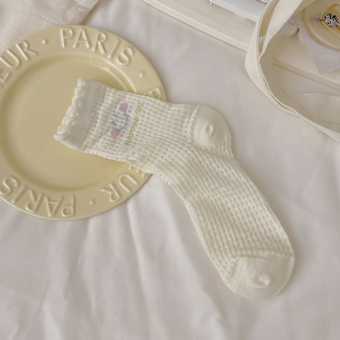 Wholesale Thin sweat absorbing milk white mid tube socks with mesh breathable lace stacking socks