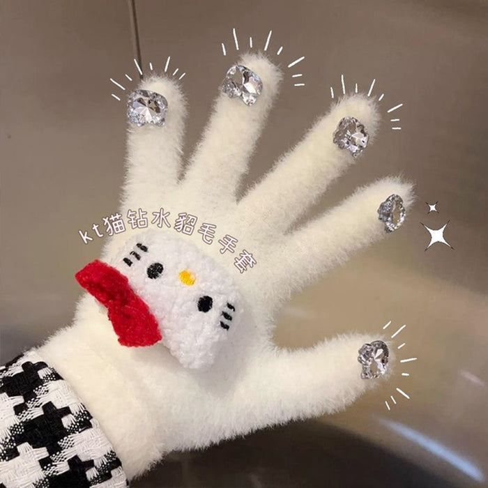 Wholesale Cute Cat Diamond Gloves Girls Winter Warm  Rhinestone Cycling Plush Wear Gloves