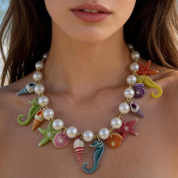 Wholesale Bohemian Ocean Pearl Choker Necklace Seahorse Starfish Fashion Jewelry Accessory Gift MOQ≥5