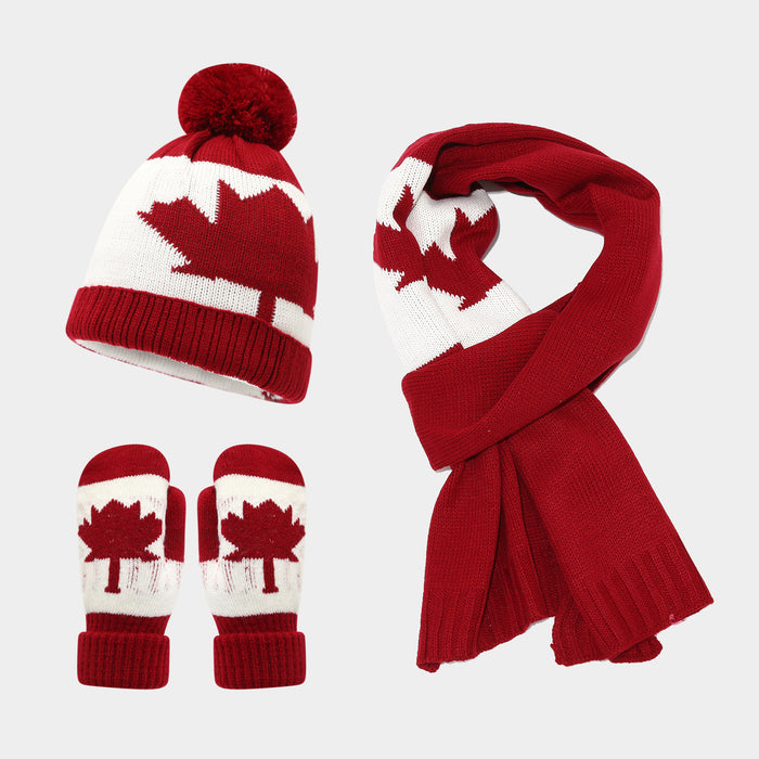 Wholesale Maple Leaf Pattern Unisex Casual Winter Warm Knitted Hat Set