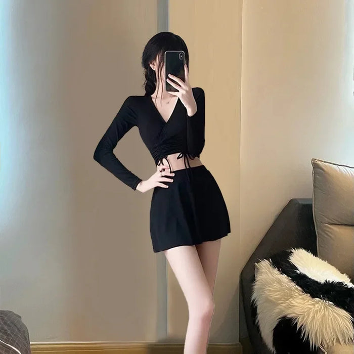 Wholesale Split swimsuit two-piece skirt style long sleeved sun protection sports boxer shorts swimsuit