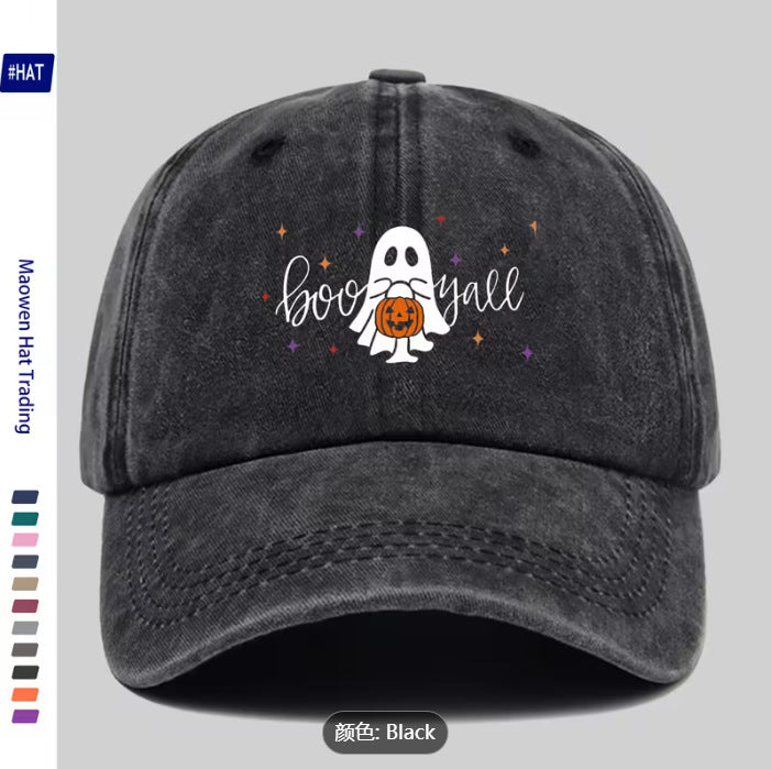 Wholesale Washed Distressed Black Baseball Cap  Ghost Print Soft Top Adjustable Unisex