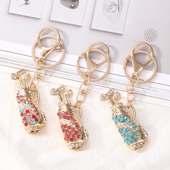 Wholesale Rhinestone Golf Bag Car Keychain Pink Zinc Alloy Key Ring