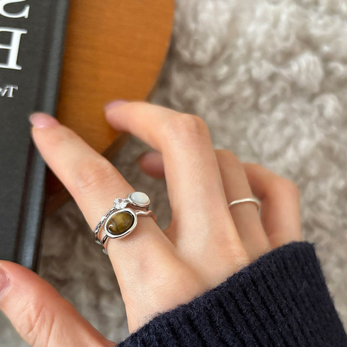 Wholesale Tiger' s Eye and Zircon Geometric Double-Layer Ring