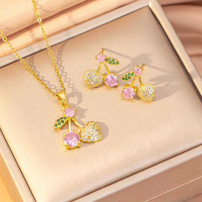 Wholesale Diamond Cherry Necklace Women's Earrings Titanium steel choker necklace Set