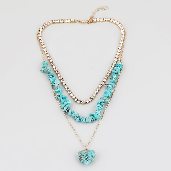 Wholesale alloy rhinestone multi-layer turquoise temperament necklace women